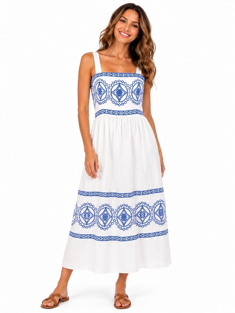 White Maxi Dress with Blue Embroidered Trim Large Cotton
